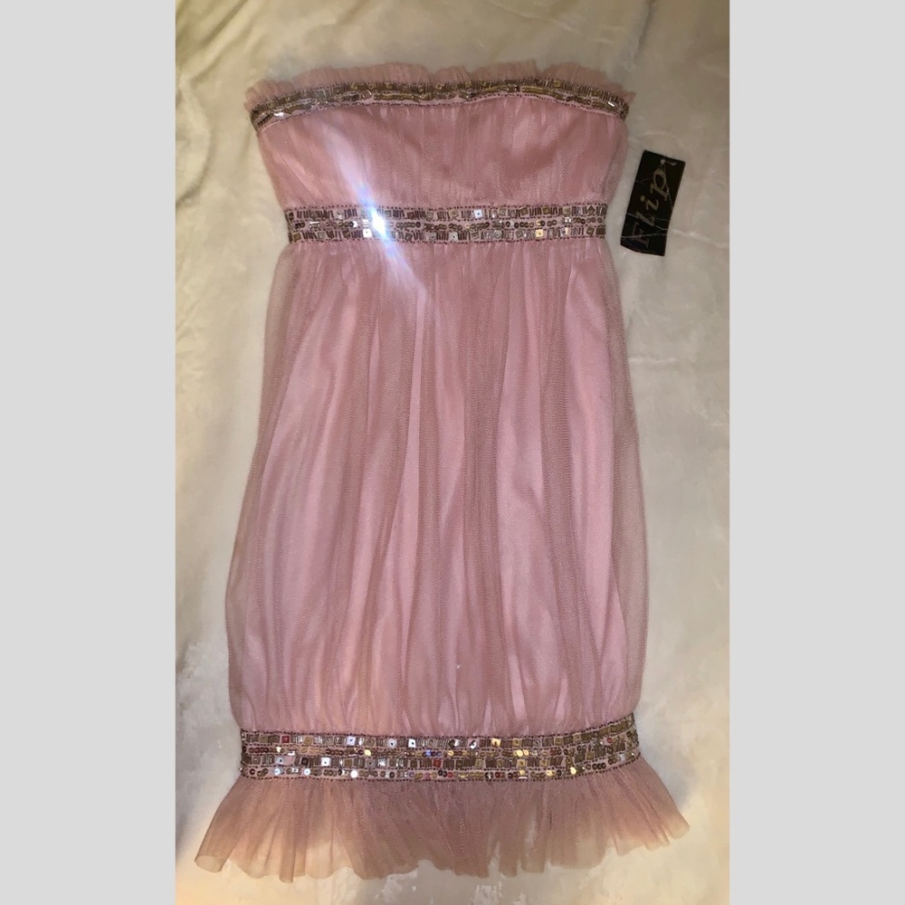 Flip Strapless Embroidered Tulle Dress